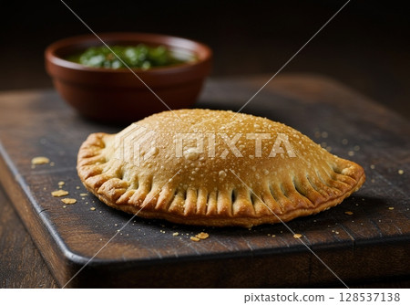 A delicious Argentinian empanada on a rustic wooden board with a blurred dipping sauce 128537138