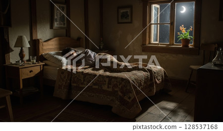 Young woman sleeping peacefully in dark rustic bedroom at night with crescent moon 128537168