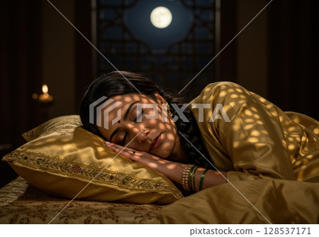 Serene woman sleeping peacefully in ornate bed at night with light patterns 128537171