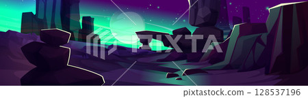 Alien planet landscape with purple rocky terrain 128537196