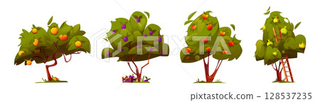 Cartoon orchard fruit trees set for farm game 128537235