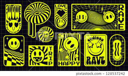 Electric yellow rave sticker collection on grid Electric yellow rave sticker collection on grid 128537242