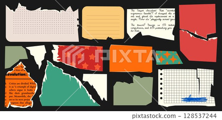 Vintage collage torn note papers with patterns Vintage collage torn note papers with patterns 128537244