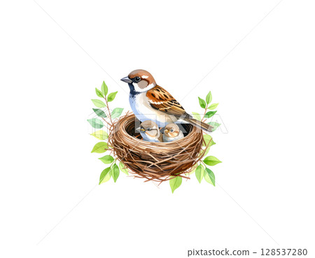 Close-up wildlife footage reveals a brown bird's nest with eggs hidden in a green leaf 128537280
