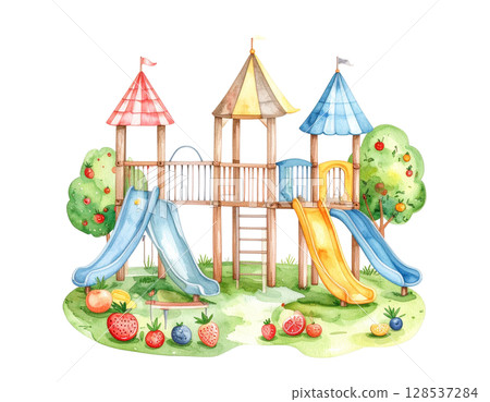 Cute little toy house with red roof isolated on white background 128537284