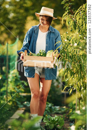 Front view, busy by work. Beautiful young woman is gardening 128537362