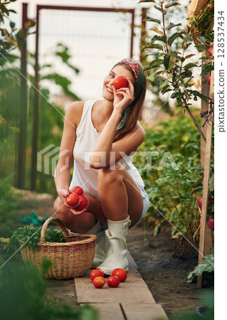 With tomatoes. Beautiful young woman is gardening With tomatoes. Beautiful young woman is gardening 128537434