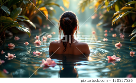 Serene woman in tranquil pool surrounded by lush greenery and floating flowers, evoking sense of peace and calm 128537526