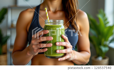 Healthy woman holding green smoothie in glass jar, showcasing fitness lifestyle and nutrition 128537540