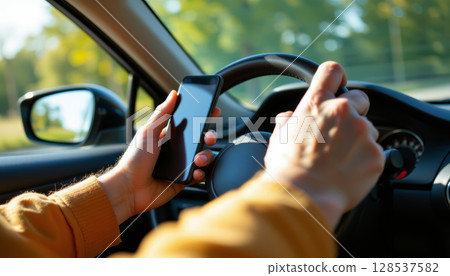 Distracted driving with person holding smartphone while steering vehicle. This scene highlights dangers of multitasking road 128537582