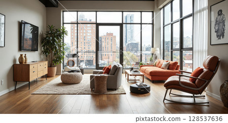 Apartment Living Room Interior Orange Sofa Brown Armchair City View Window 128537636