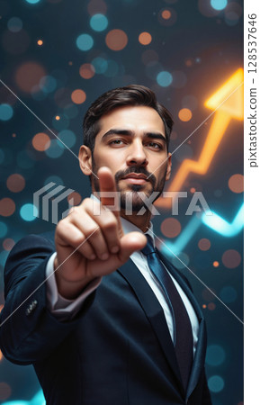 Middle Eastern senior businessman pointing upward with glowing arrow trailing, visionary gaze, isolated , 3D stylized, success hues, waist-up 128537646