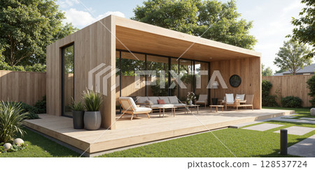 Eco-friendly garden office in sand beige, with solar-powered systems for temperature control and lighting. The office features biodegradable furniture 128537724