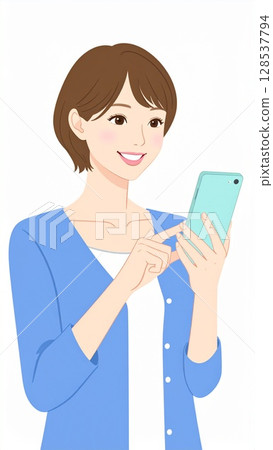 微笑的女人拿著智慧型手機 微笑的女人拿著智慧型手機 128537794