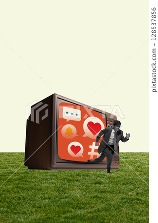 Conceptual collage of man escaping TV with social icons over red background Conceptual collage of man escaping TV with social icons over red background 128537856