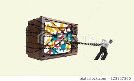 Pop-art collage of man chained to retro TV covered in digital symbols Pop-art collage of man chained to retro TV covered in digital symbols 128537860