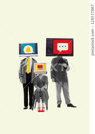 Surreal collage of three people with media icons as their heads Surreal collage of three people with media icons as their heads 128537867