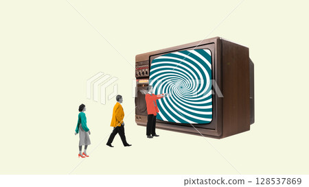Surreal collage of hypnotized crowd watching swirling TV illusion 128537869