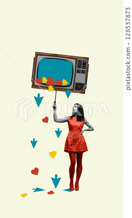 Collage-style artwork with woman balancing retro TV raining digital icons in pop-media theme Collage-style artwork with woman balancing retro TV raining digital icons in pop-media theme 128537873