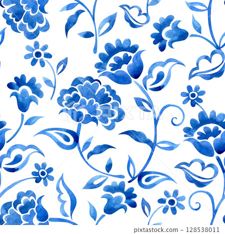 seamless pattern with watercolor floral ornaments. oriental blue print 128538011