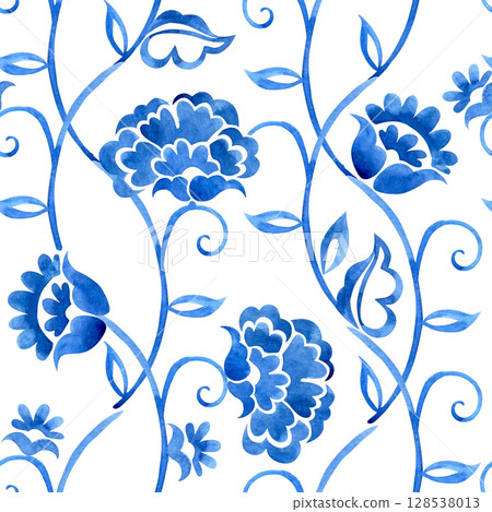 seamless pattern with watercolor floral ornaments. oriental blue print 128538013