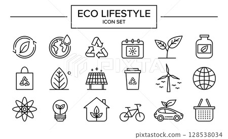 Set of eco lifestyle icons in clean line art style. Green energy, recycling, sustainability and environment 128538034