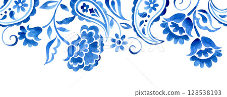 seamless border with watercolor floral ornaments. oriental blue frame. paisley 128538193