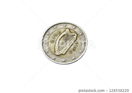Obverse of an old Irish 2 euro coin. Isolated. 128538220
