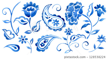 set with watercolor floral ornaments and paisley. oriental blue patterns set with watercolor floral ornaments and paisley. oriental blue patterns 128538224