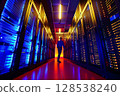 Administrator working on a colorfoul network Server, data center.Generative AI 128538240
