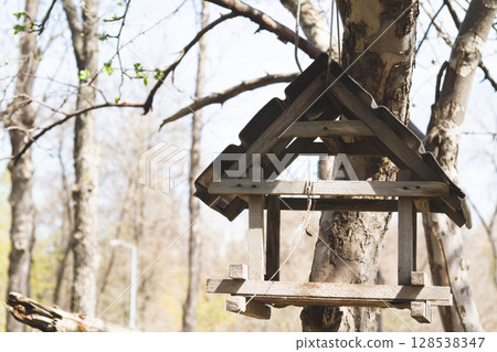 Bird feeders. Feeding birds in the forest. Birdhouse on a tree. 128538347