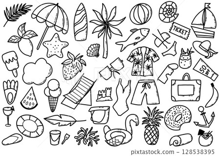 Collection of Hand-Drawn Summer Doodle Illustrations Featuring Vacation Themes 128538395