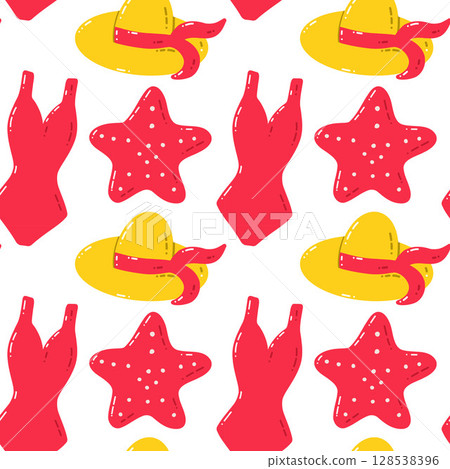 Summer Beach Pattern With Hats, Swimsuits, and Starfish in Bright Colors 128538396