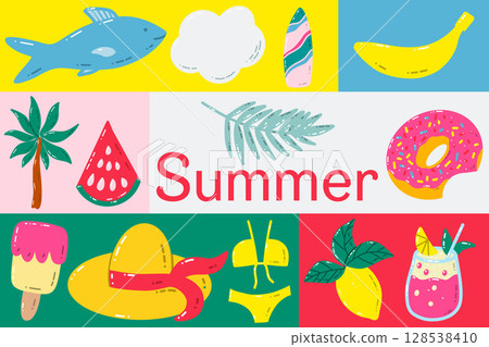 Bright Summer Banner Featuring Beach and Seasonal Fun Illustrations. 128538410