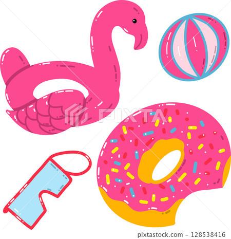 Brightly Colored Pool Floats and Beach Accessories Illustration 128538416