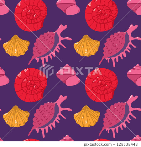 Colorful Seashell Pattern on Deep Purple Background for Beach-Themed Art 128538448