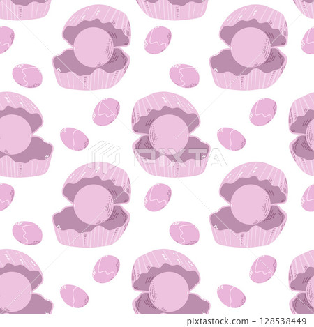 Seamless Pattern of Pink Pearls Inside Colorful Opened Oysters Seamless Pattern of Pink Pearls Inside Colorful Opened Oysters 128538449