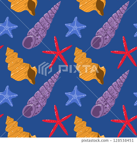 Vibrant Seamless Pattern With Sea Shells, Starfish, and Ocean-Themed Motifs Vibrant Seamless Pattern With Sea Shells, Starfish, and Ocean-Themed Motifs 128538451