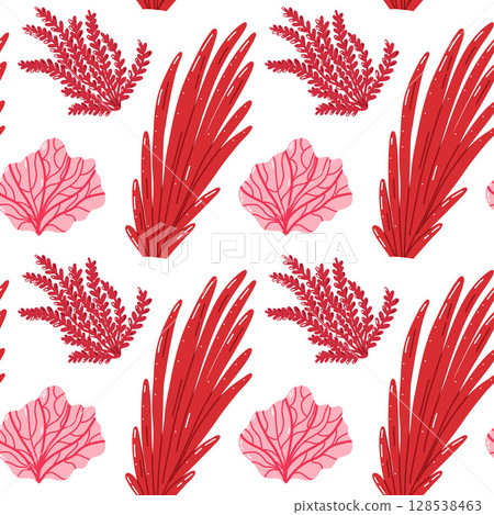 Seamless Pattern Featuring Red Seaweed and Pink Coral Designs 128538463