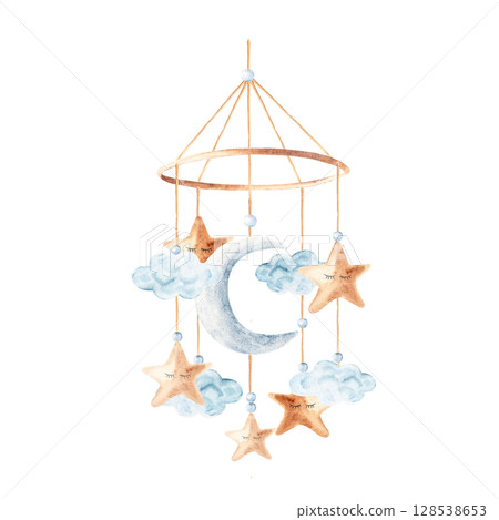 Watercolor baby cradle Mobile with moon, clouds and stars. Hand drawn illustration in pastel colors of kids hanging toy. For greeting cards, gender reveal party or baby shower invitations. 128538653