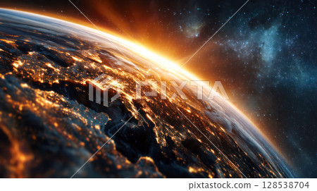 Stunning view of Earth from space showcasing vibrant sunrise over continents and glowing city lights, highlighting the beauty of our planet 128538704