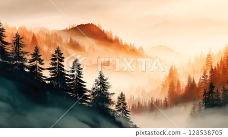 Majestic forest landscape with towering evergreen trees, misty mountains in the background, and warm hues of orange and gold at sunrise 128538705