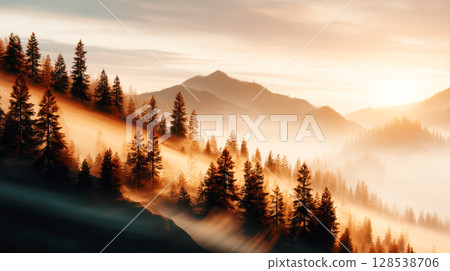 Majestic sunrise over misty mountains with evergreen trees illuminated by golden light, creating a serene and tranquil natural landscape 128538706