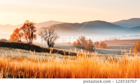 Autumn landscape features golden grass, colorful trees, and misty mountains in the background, creating a serene and tranquil atmosphere at sunrise Autumn landscape features golden grass, colorful trees, and misty mountains in the background, creating a serene and tranquil atmosphere at sunrise 128538707