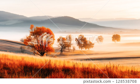 Autumn landscape features vibrant orange trees amidst rolling hills and soft morning fog, creating a serene and tranquil natural scene Autumn landscape features vibrant orange trees amidst rolling hills and soft morning fog, creating a serene and tranquil natural scene 128538708