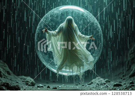 Mystical ghost in a round sphere. A mysterious apparition, draped in flowing white fabric, is suspended within a transparent sphere. 128538713