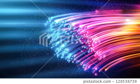 Colorful abstract light trails creating dynamic motion effect against a dark background, illustrating energy and creativity in digital art Colorful abstract light trails creating dynamic motion effect against a dark background, illustrating energy and creativity in digital art 128538739
