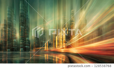 Abstract cityscape with blurred skyscrapers and vibrant light trails, creating a dynamic urban atmosphere and showcasing modern architecture 128538768