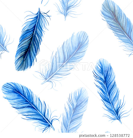 Seamless pattern of blue feathers. Watercolor illustration. 128538772