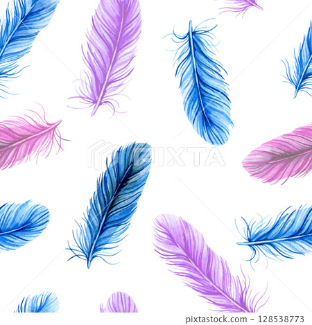 Seamless pattern of blue and pink feathers. Watercolor illustration. 128538773